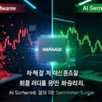 A dramatic split-screen stock market visualization showing crashing red candles on the left labeled 'AI Software' and surging green candles on the right labeled 'AI Semiconductor'. A large NVIDIA GPU chip glowing in the center with Korean financial newspaper headlines about AI semiconductor surge. Modern trading desk aesthetic with dark background and neon blue-green lighting.