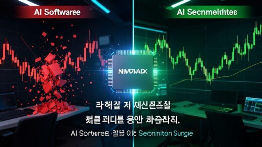 A dramatic split-screen stock market visualization showing crashing red candles on the left labeled 'AI Software' and surging green candles on the right labeled 'AI Semiconductor'. A large NVIDIA GPU chip glowing in the center with Korean financial newspaper headlines about AI semiconductor surge. Modern trading desk aesthetic with dark background and neon blue-green lighting.