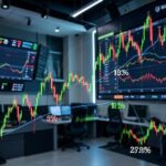 A dramatic stock market chart showing Korean construction stocks skyrocketing with percentage increases, digital financial data streaming in the background, modern trading floor atmosphere