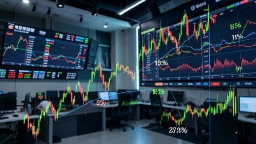 A dramatic stock market chart showing Korean construction stocks skyrocketing with percentage increases, digital financial data streaming in the background, modern trading floor atmosphere