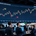 A dramatic stock market chart showing oil prices plummeting from 144 dollars to 90 dollars on a large digital screen, with traders in the background cheering and looking relieved, modern trading floor setting with multiple monitors displaying financial data.