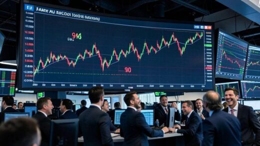 A dramatic stock market chart showing oil prices plummeting from 144 dollars to 90 dollars on a large digital screen, with traders in the background cheering and looking relieved, modern trading floor setting with multiple monitors displaying financial data.