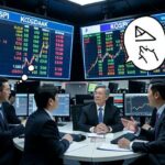 A dramatic stock market trading floor scene with Korean and foreign traders debating, large digital displays showing KOSPI and KOSDAQ indices with short selling data visualization, tense atmosphere with conflicting opinions represented by thought bubbles showing short selling symbols and prohibition signs, modern trading desk setting with multiple monitors