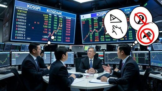 A dramatic stock market trading floor scene with Korean and foreign traders debating, large digital displays showing KOSPI and KOSDAQ indices with short selling data visualization, tense atmosphere with conflicting opinions represented by thought bubbles showing short selling symbols and prohibition signs, modern trading desk setting with multiple monitors