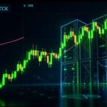 A dramatic upward KOSPI chart showing a steep bullish breakout from 6200 to 6500 level, with glowing green candlesticks and a futuristic AI data center silhouette in the background, cinematic lighting, 3D render style