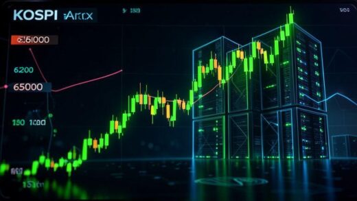 A dramatic upward KOSPI chart showing a steep bullish breakout from 6200 to 6500 level, with glowing green candlesticks and a futuristic AI data center silhouette in the background, cinematic lighting, 3D render style