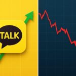 A dramatic visual contrast showing KakaoTalk app icon on one side with upward growth arrow, and crashing stock price chart on the other side with steep downward red arrow, representing the paradox of user growth versus stock decline, in a professional financial infographic style.
