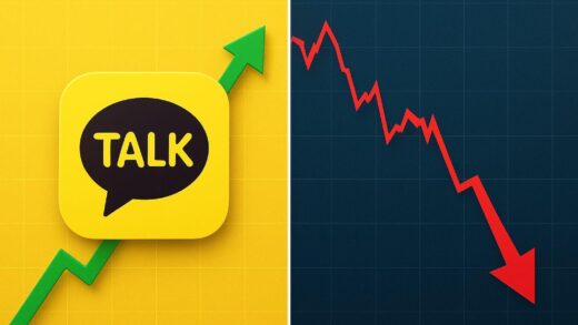 A dramatic visual contrast showing KakaoTalk app icon on one side with upward growth arrow, and crashing stock price chart on the other side with steep downward red arrow, representing the paradox of user growth versus stock decline, in a professional financial infographic style.