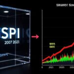 A dramatic visual contrast showing KOSPI index trapped in a transparent box from 2007 to 2021, then exploding upwards in 2025-2026, with arrows indicating periods of stagnation versus rapid growth. The chart shows clear plateau and spike patterns.