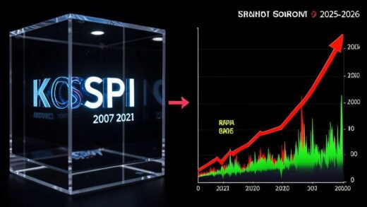 A dramatic visual contrast showing KOSPI index trapped in a transparent box from 2007 to 2021, then exploding upwards in 2025-2026, with arrows indicating periods of stagnation versus rapid growth. The chart shows clear plateau and spike patterns.