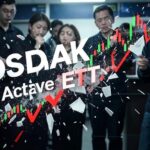 A dramatic visual of a stock market chart crashing down with 'KOSDAQ Active ETF' text shattering into pieces, representing the sudden drop in value. The chart shows a steep decline with red downward arrows and worried investors in the background.