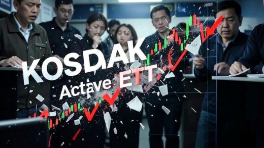 A dramatic visual of a stock market chart crashing down with 'KOSDAQ Active ETF' text shattering into pieces, representing the sudden drop in value. The chart shows a steep decline with red downward arrows and worried investors in the background.