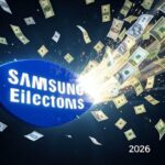 A dramatic visual of cash flowing from Samsung Electronics logo to shareholders, with Korean won symbols floating in the air, showing massive financial movement in 2026