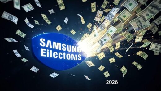 A dramatic visual of cash flowing from Samsung Electronics logo to shareholders, with Korean won symbols floating in the air, showing massive financial movement in 2026