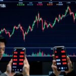 A dramatic visual of the Korean KOSPI stock index chart sharply rising to 5,918 points on a digital trading screen, with contrasting images of worried individual investors on their smartphones in the foreground, showing red loss indicators on their accounts.