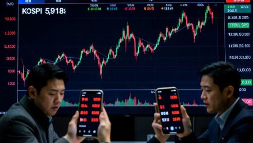 A dramatic visual of the Korean KOSPI stock index chart sharply rising to 5,918 points on a digital trading screen, with contrasting images of worried individual investors on their smartphones in the foreground, showing red loss indicators on their accounts.