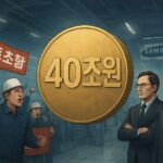 A dramatic visual representation of a massive financial sum (40 trillion KRW) as a point of contention between labor (employees with union banners) and management (corporate executives) within a large, modern semiconductor factory, symbolizing the Samsung Electronics labor dispute. The atmosphere is tense.