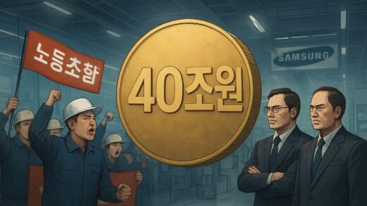 A dramatic visual representation of a massive financial sum (40 trillion KRW) as a point of contention between labor (employees with union banners) and management (corporate executives) within a large, modern semiconductor factory, symbolizing the Samsung Electronics labor dispute. The atmosphere is tense.