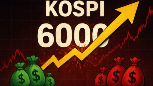 A dramatic visual showing KOSPI index breaking through 6000 points with upward arrow, contrasting foreign/institutional buying (green money bags) vs individual selling (red money bags) on a stock market chart background.