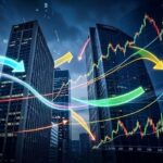 A dramatic visual showing massive fund flows from real estate buildings to stock market ETFs, with arrows moving between skyscrapers and growing stock charts, dynamic motion lines, professional infographic style