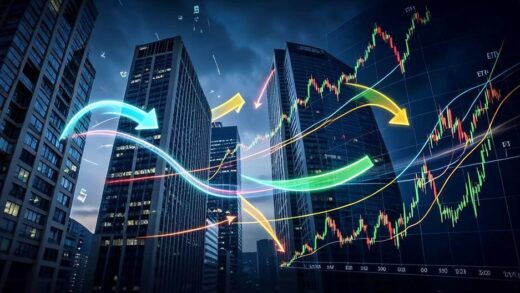 A dramatic visual showing massive fund flows from real estate buildings to stock market ETFs, with arrows moving between skyscrapers and growing stock charts, dynamic motion lines, professional infographic style