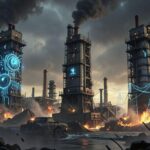 A dramatic visualization of three industrial pillars rising amidst global conflict, with AI circuits, factory structures, and energy grids emerging from turbulent markets