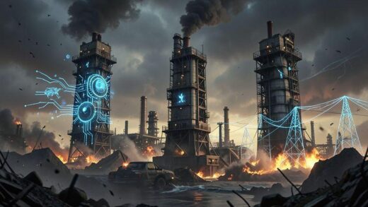 A dramatic visualization of three industrial pillars rising amidst global conflict, with AI circuits, factory structures, and energy grids emerging from turbulent markets