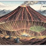 A dramatic volcanic landscape showing Mount Baekdu with scientific instruments measuring seismic activity, highlighting the contrast between ancient caldera and modern monitoring technology, in the style of geological illustration with data overlays.