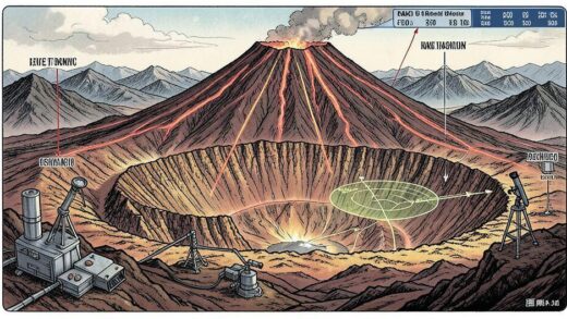 A dramatic volcanic landscape showing Mount Baekdu with scientific instruments measuring seismic activity, highlighting the contrast between ancient caldera and modern monitoring technology, in the style of geological illustration with data overlays.