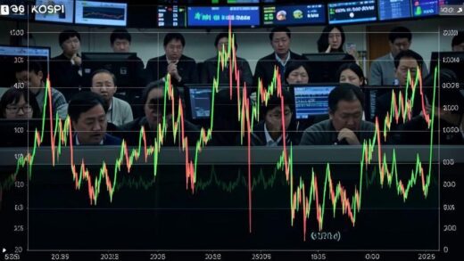 A dynamic financial chart showing extreme volatility with sharp peaks and valleys, representing the Korean KOSPI index in 2026, with anxious investors watching screens in the background.