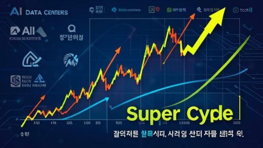 A dynamic financial chart showing semiconductor stock prices soaring dramatically against a backdrop of AI data centers and tech logos, with arrows pointing upwards and a clear 'Super Cycle' label in Korean, professional and data-driven visual style.
