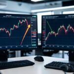 A dynamic financial market chart showing a sharp upward trend for a stock index and a steep downward trend for oil prices on dual monitors, with glowing arrows indicating market movement in a modern trading room.