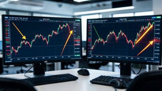 A dynamic financial market chart showing a sharp upward trend for a stock index and a steep downward trend for oil prices on dual monitors, with glowing arrows indicating market movement in a modern trading room.