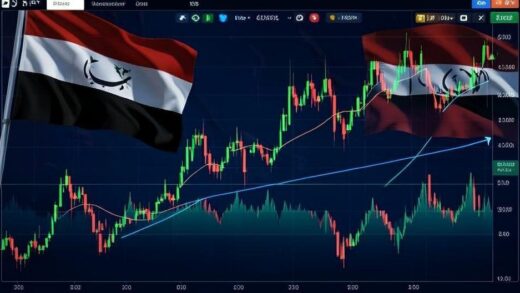 A dynamic financial market chart showing volatility with Middle East peace flags in the background, digital style.
