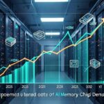 A dynamic, futuristic graph showing exponential growth of AI memory chip demand from 2022 to 2026, with HBM and GPU icons floating around, representing a supercycle in a high-tech data center environment.