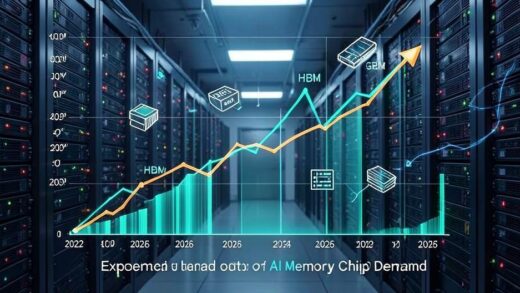A dynamic, futuristic graph showing exponential growth of AI memory chip demand from 2022 to 2026, with HBM and GPU icons floating around, representing a supercycle in a high-tech data center environment.