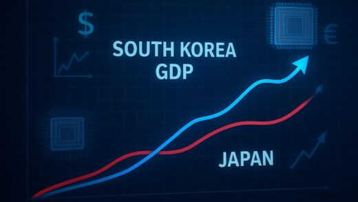 A dynamic graph showing South Korea's GDP growth curve overtaking Japan's line, with semiconductor chips and financial symbols floating in the background, modern digital dashboard style