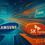 A dynamic image illustrating a competitive semiconductor market, with two distinct company logos (representing Samsung and SK Hynix) in a race, surrounded by abstract representations of HBM chips and data flows, with a subtle 2026 year indicator.