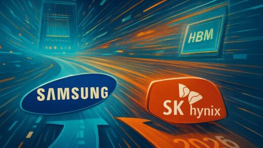 A dynamic image illustrating a competitive semiconductor market, with two distinct company logos (representing Samsung and SK Hynix) in a race, surrounded by abstract representations of HBM chips and data flows, with a subtle 2026 year indicator.