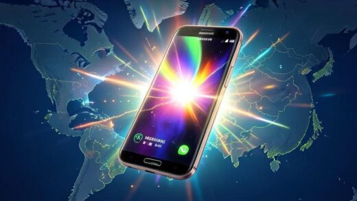 A dynamic image of a Samsung Galaxy smartphone with a triumphant glow, overlaid on a map of Japan, symbolizing market dominance and technological advancement.