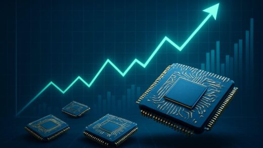 A dynamic image showing a rising stock chart overlaid with microchips, symbolizing semiconductor industry growth and market leadership.