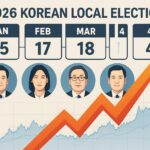 A dynamic infographic showing 2026 Korean local election timeline with calendar dates, candidate faces, and stock market charts rising dramatically, visual representation of political theme stocks exploding in value, professional economic analysis style