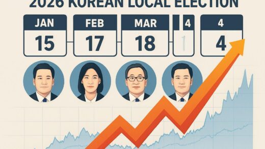 A dynamic infographic showing 2026 Korean local election timeline with calendar dates, candidate faces, and stock market charts rising dramatically, visual representation of political theme stocks exploding in value, professional economic analysis style