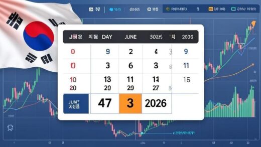 A dynamic infographic showing a calendar counting down 47 days to June 3, 2026, with Korean flag and stock market charts in the background, professional economic analysis style