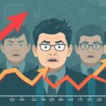 A dynamic infographic showing Korean stock market trends with upward arrows and anxious investor faces in the background, representing market volatility and investor psychology.