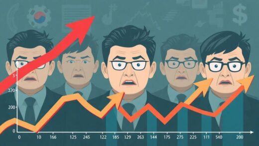 A dynamic infographic showing Korean stock market trends with upward arrows and anxious investor faces in the background, representing market volatility and investor psychology.