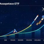 A dynamic infographic showing the growth trajectory of space and aerospace ETFs from 2024 to 2026, with rockets, satellites, and upward trending graphs on a dark blue space-themed background.