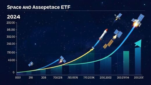 A dynamic infographic showing the growth trajectory of space and aerospace ETFs from 2024 to 2026, with rockets, satellites, and upward trending graphs on a dark blue space-themed background.