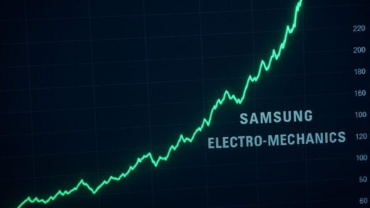 A dynamic stock chart showing a sharp upward trend for a technology company, with the name 'Samsung Electro-Mechanics' subtly displayed, indicating rapid growth and high market interest.
