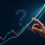 A dynamic stock chart showing a sharp upward trend, with a spotlight on a specific point where a hand is paused, indicating a waiting strategy. The chart has a subtle question mark overlaid.